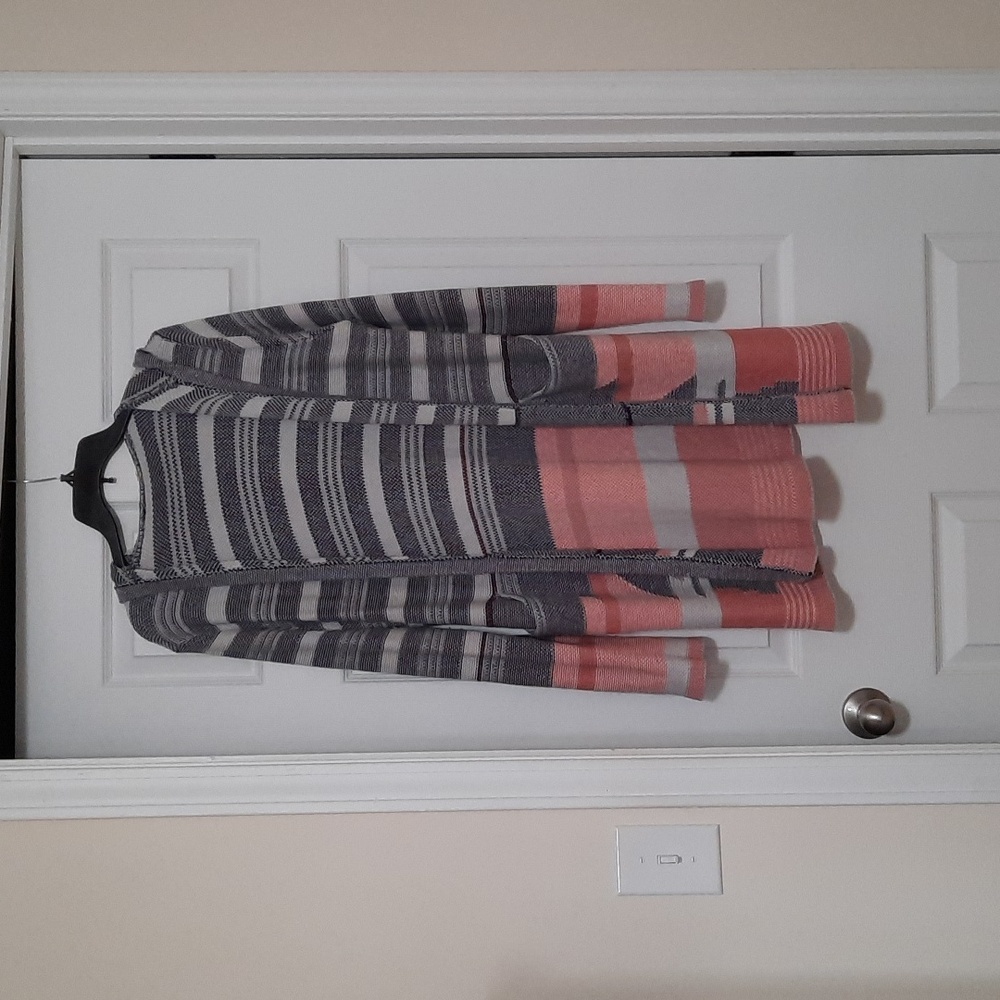 Tulle Large Hooded Gray Peach Beachy Stripe Pocket Cardigan
